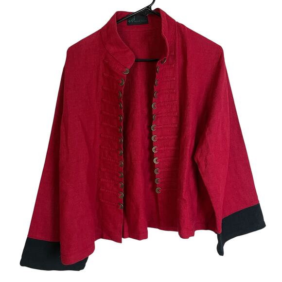 Peaccock Ways Linen Jacket Womens Red Black Chinese Coin Oriental Open Front - Picture 1 of 8